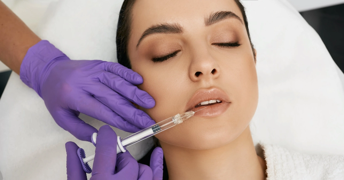 Woman receiving a lip filler in Sanford, FL from a professional wearing purple gloves.
