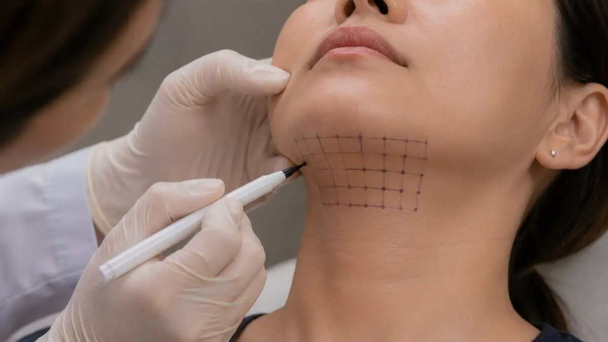 Provider marking the treatment area before Kybella injections for double chin reduction in Orlando, FL.
